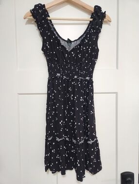 Black Floral Mini Dress XS Smocked Waist Ruffle Sleeveless Boho Cottagecore